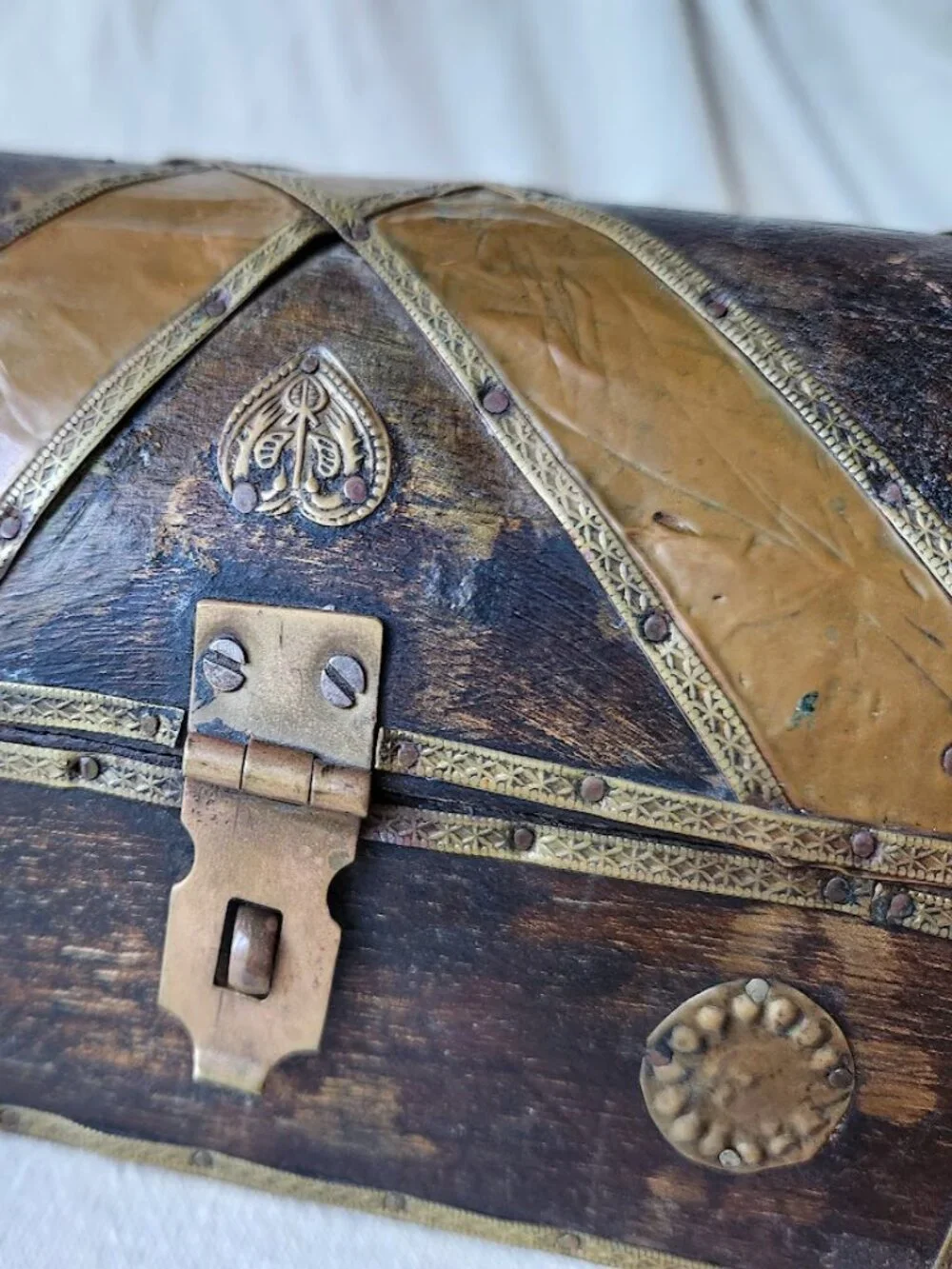Vintage Small Treasure Chest Old Wooden Box With Brass Accents B